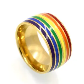 10mm Stainless Steel Gold Plated Rainbow Enamel Wedding Promise Band Ring