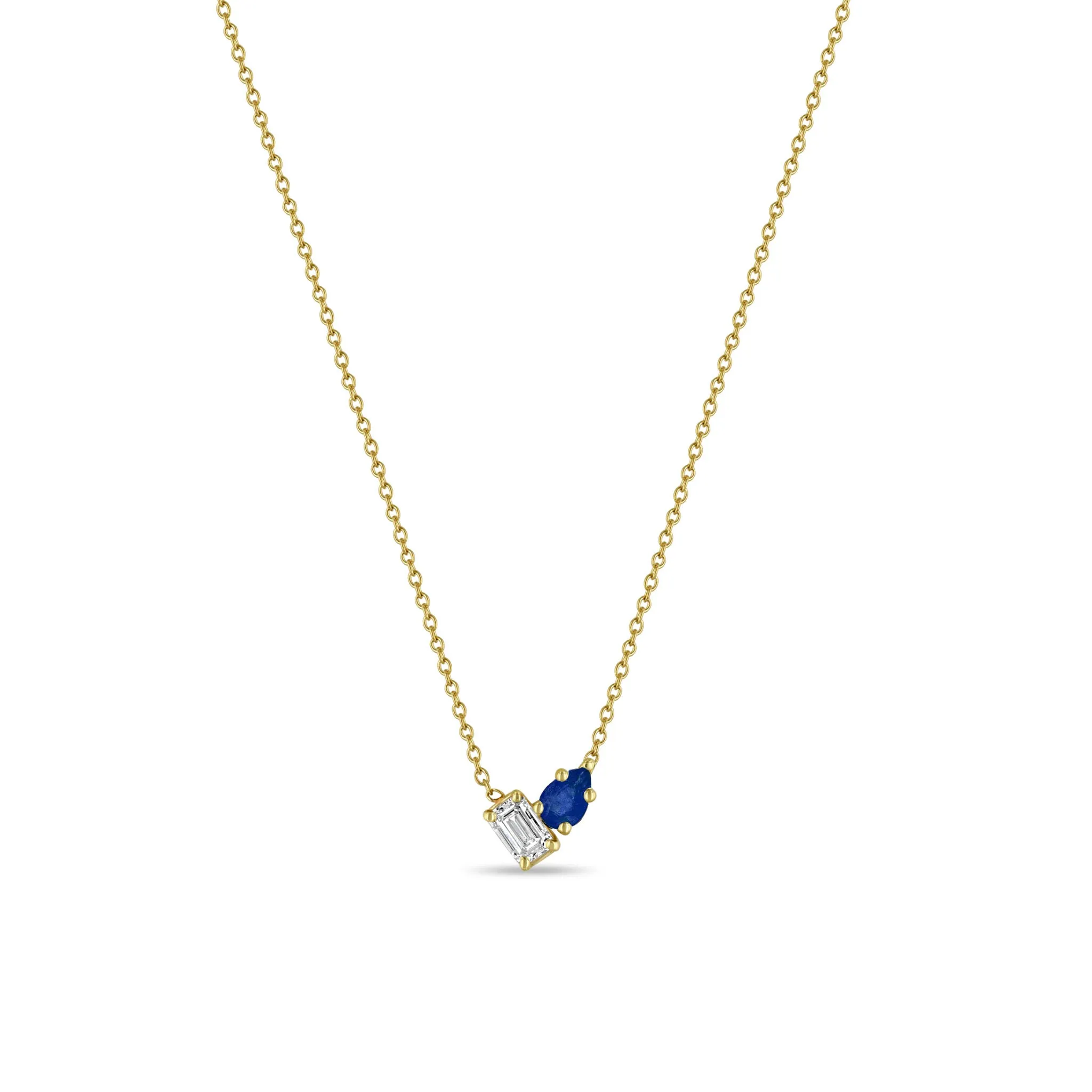 14k Pear Blue Sapphire & Emerald Cut Diamond Necklace