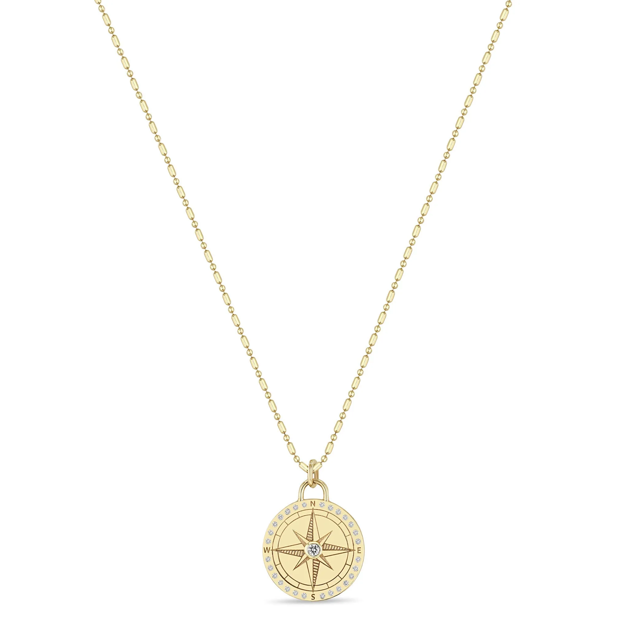 14k Small Compass Medallion Tube Bar Chain Necklace