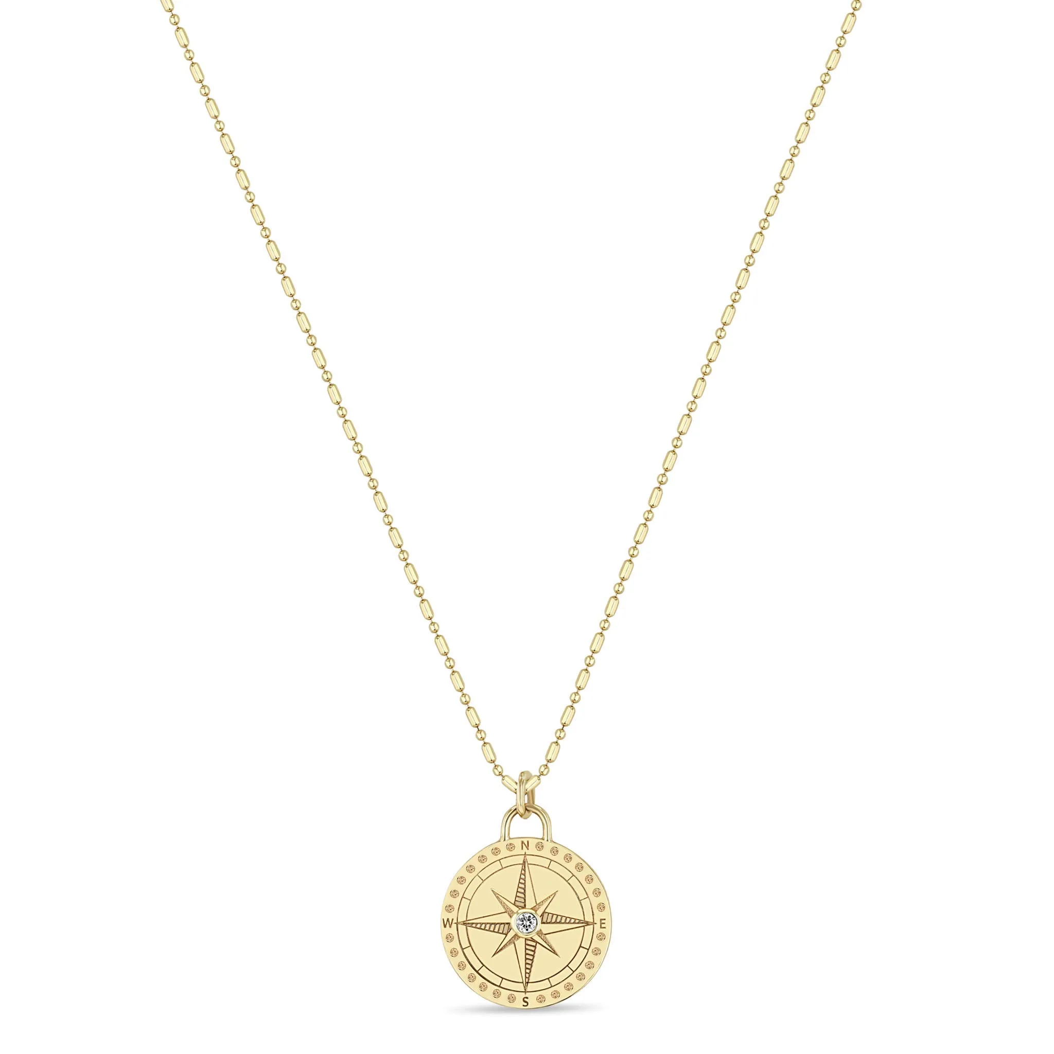 14k Small Compass Medallion Tube Bar Chain Necklace