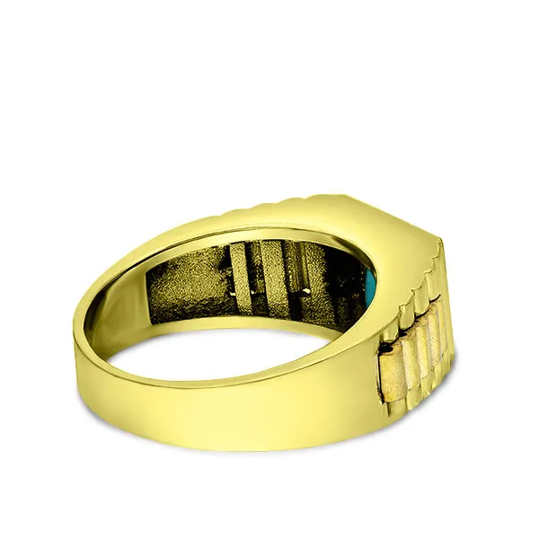 18K Yellow Gold Plated Mens Heavy Silver Ring Band Large Turquoise Stone Jewelry