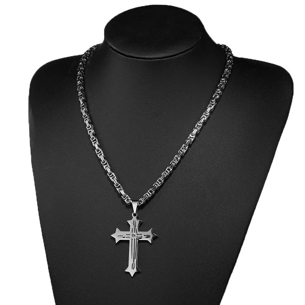 2 Layer Cross Pendant with Byzantine Chain Necklace