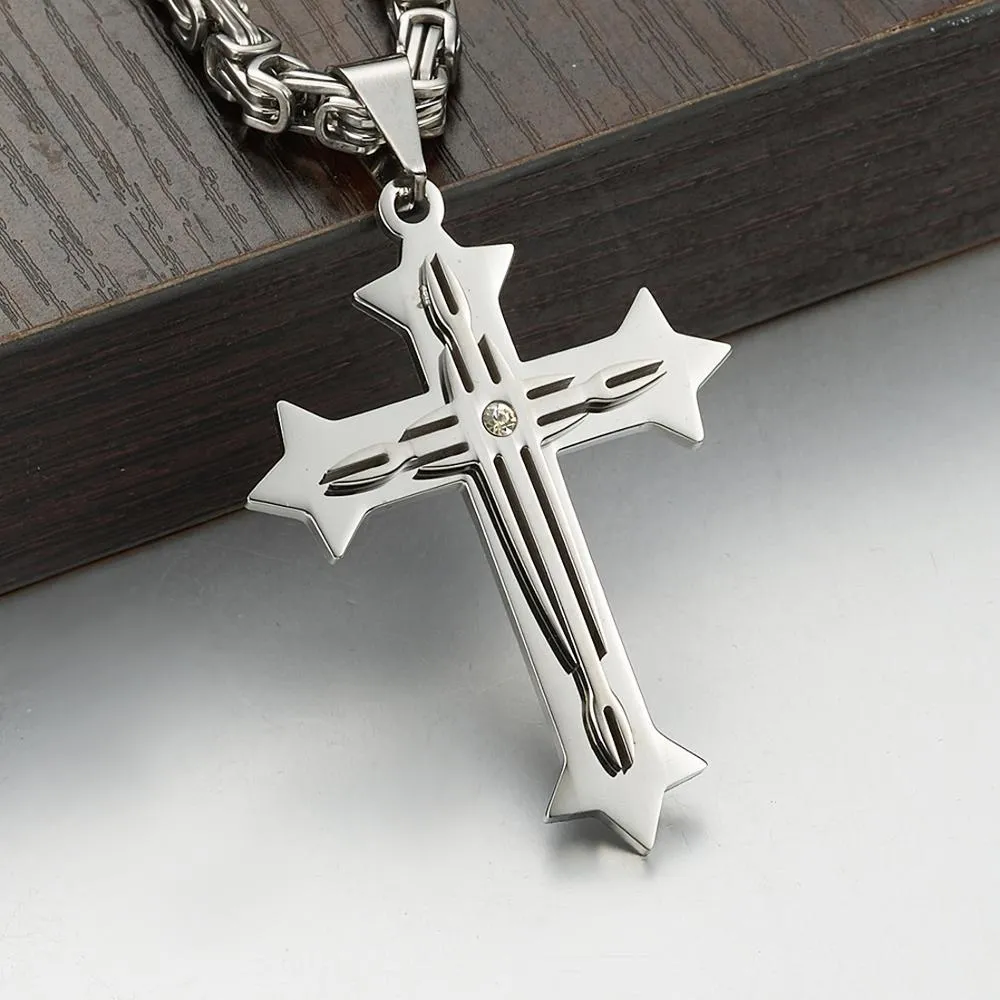 2 Layer Cross Pendant with Byzantine Chain Necklace