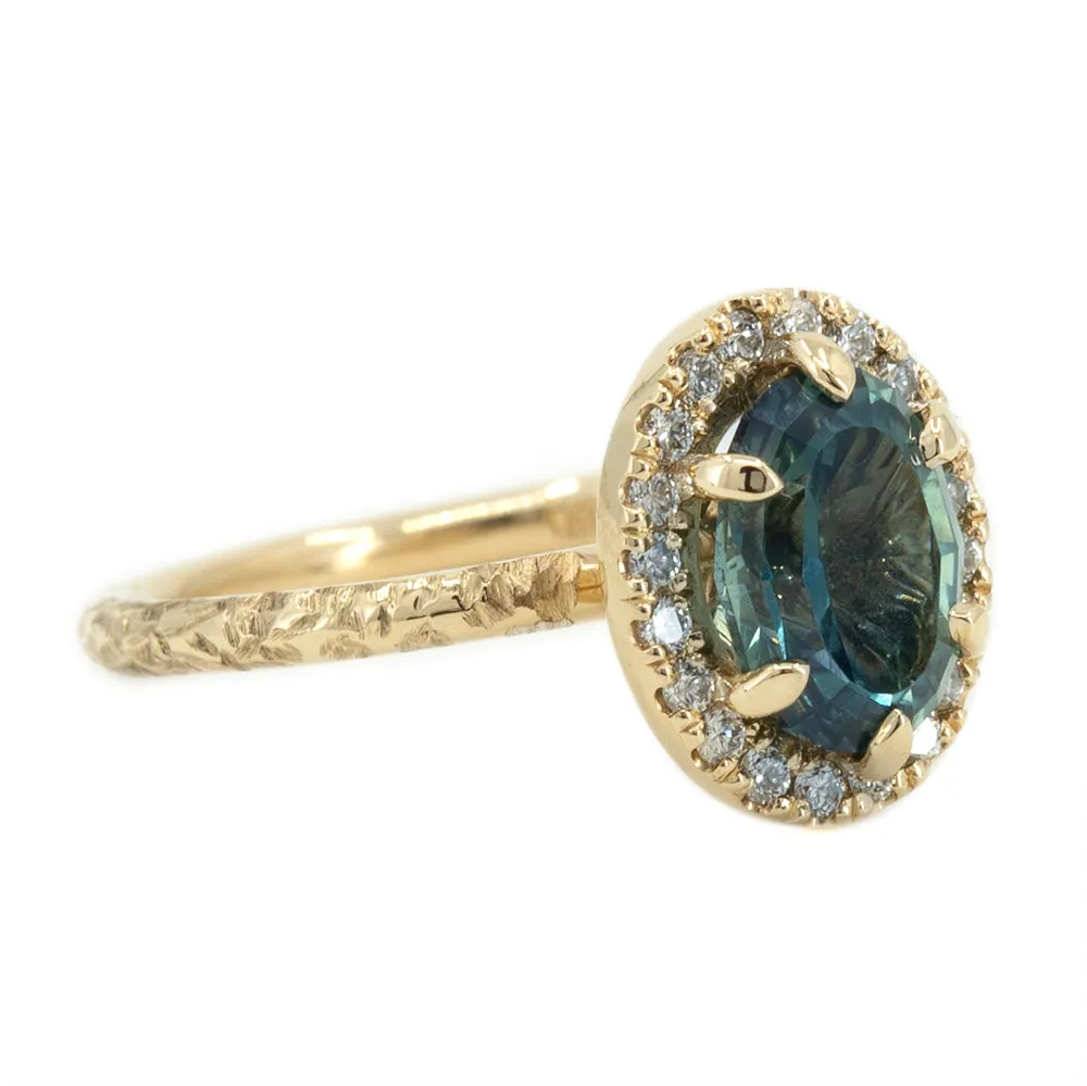 2.01ct Oval Teal Blue Sapphire and Six Prong Diamond Halo Ring in 14k Yellow Gold