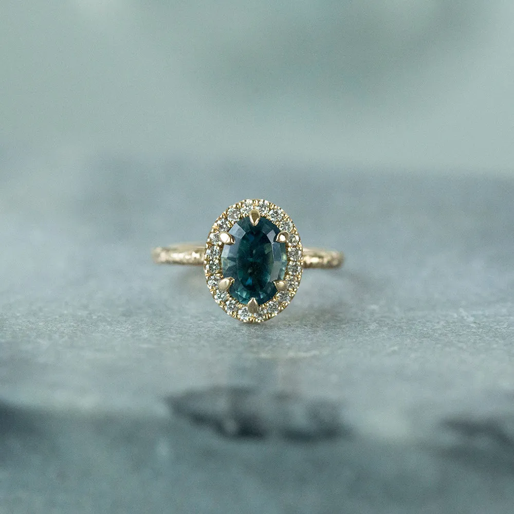 2.01ct Oval Teal Blue Sapphire and Six Prong Diamond Halo Ring in 14k Yellow Gold