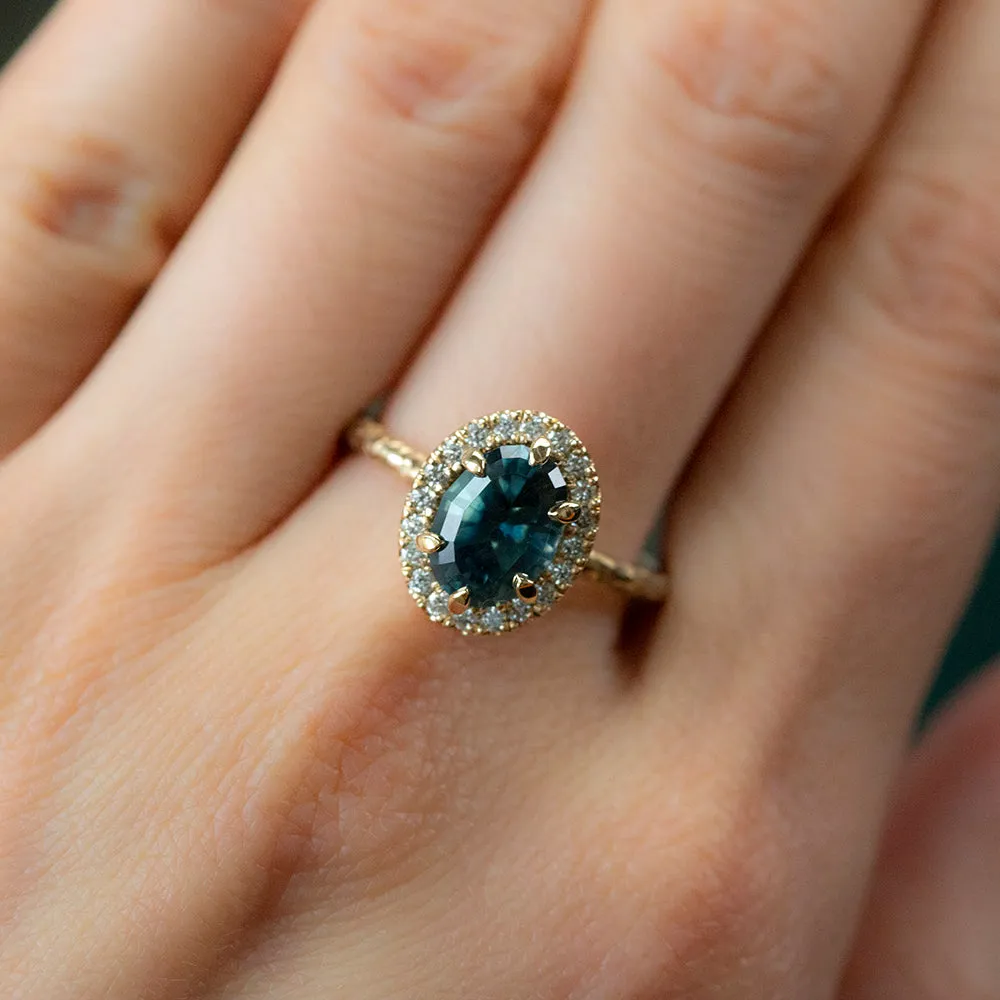 2.01ct Oval Teal Blue Sapphire and Six Prong Diamond Halo Ring in 14k Yellow Gold