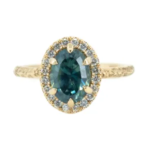 2.01ct Oval Teal Blue Sapphire and Six Prong Diamond Halo Ring in 14k Yellow Gold