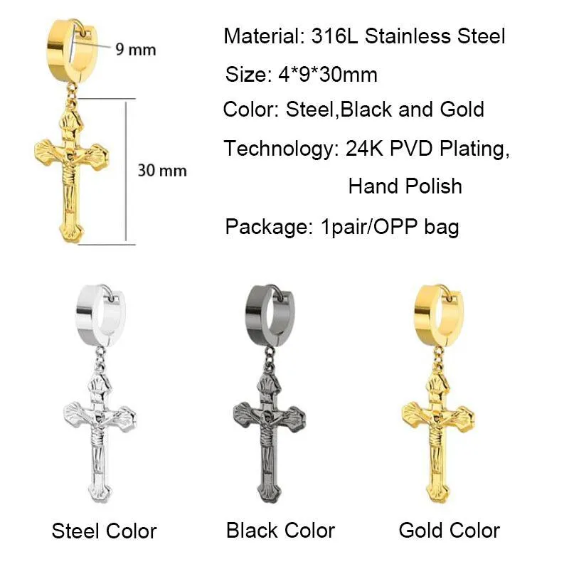 3 Colors Crucifix Hoop Earrings 319L Stainless Steel