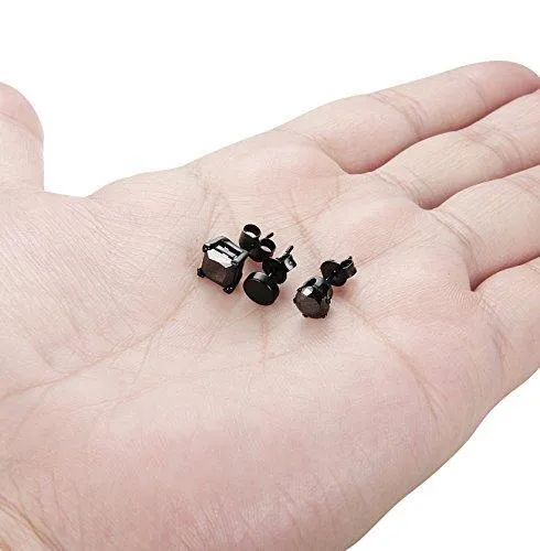 3 Pairs Stainless Steel Black Stud Earrings for Men Women CZ Earrings, 3mm-8mm Available