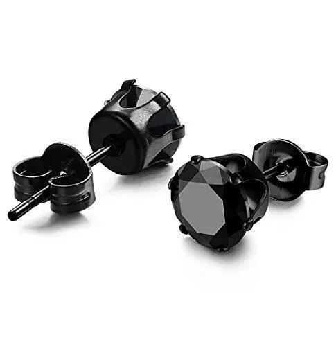 3 Pairs Stainless Steel Black Stud Earrings for Men Women CZ Earrings, 3mm-8mm Available