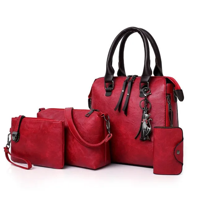 4-Piece Luxury Designer Leather Purse, Shoulder Bag and Handbag Set