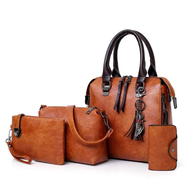 4-Piece Luxury Designer Leather Purse, Shoulder Bag and Handbag Set