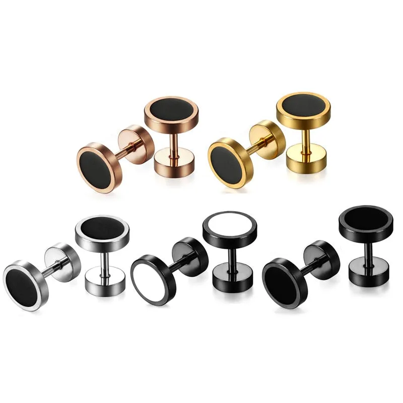 6 Pairs Handmade Round Black Double-Sided Dumbbell Stainless Steel Gothic Stud Earrings