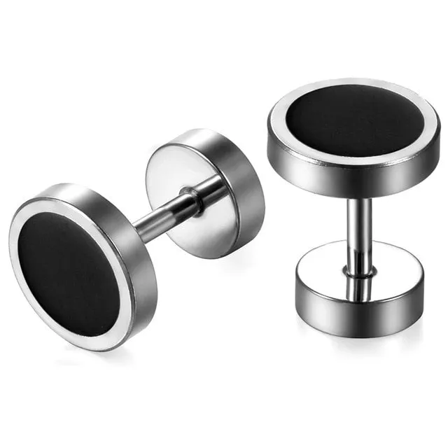 6 Pairs Handmade Round Black Double-Sided Dumbbell Stainless Steel Gothic Stud Earrings