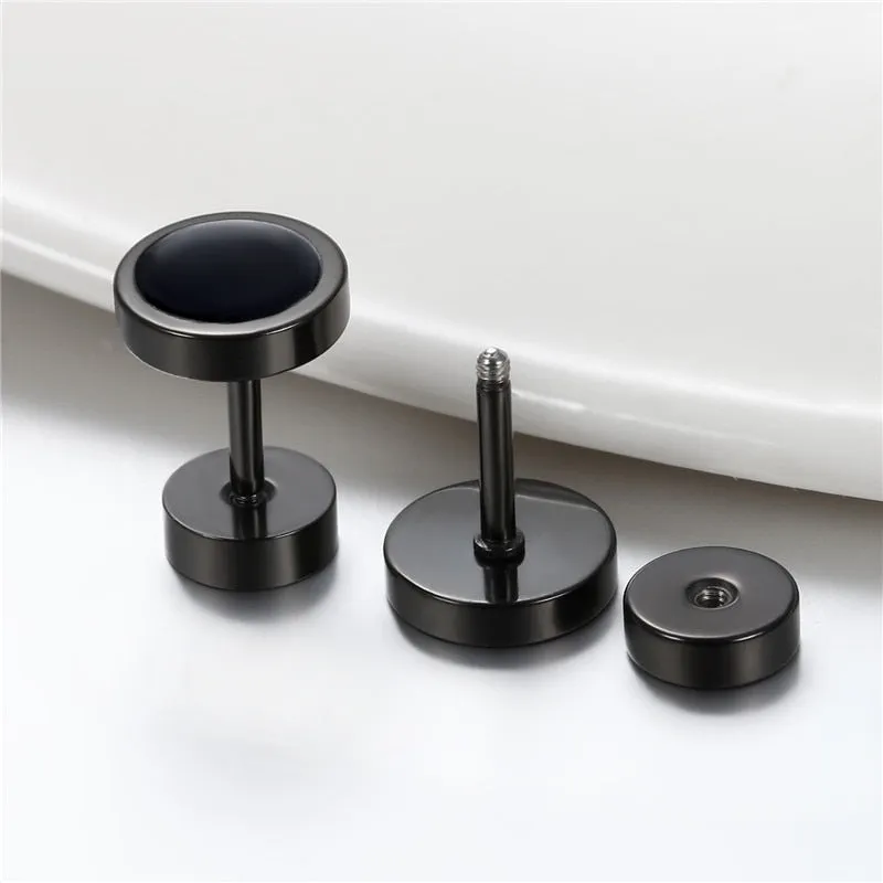 6 Pairs Handmade Round Black Double-Sided Dumbbell Stainless Steel Gothic Stud Earrings