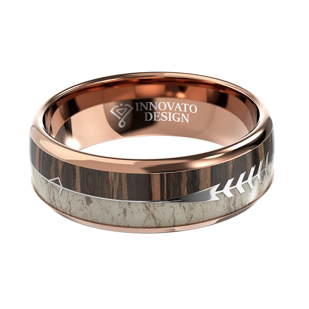 8mm Arrow Inlay Deer Antler and Zebra Wood Rose Gold Tungsten Ring