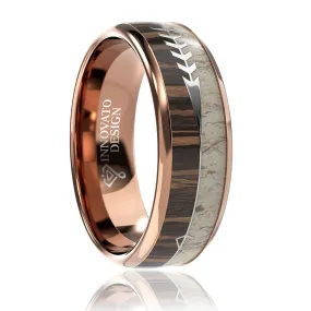 8mm Arrow Inlay Deer Antler and Zebra Wood Rose Gold Tungsten Ring