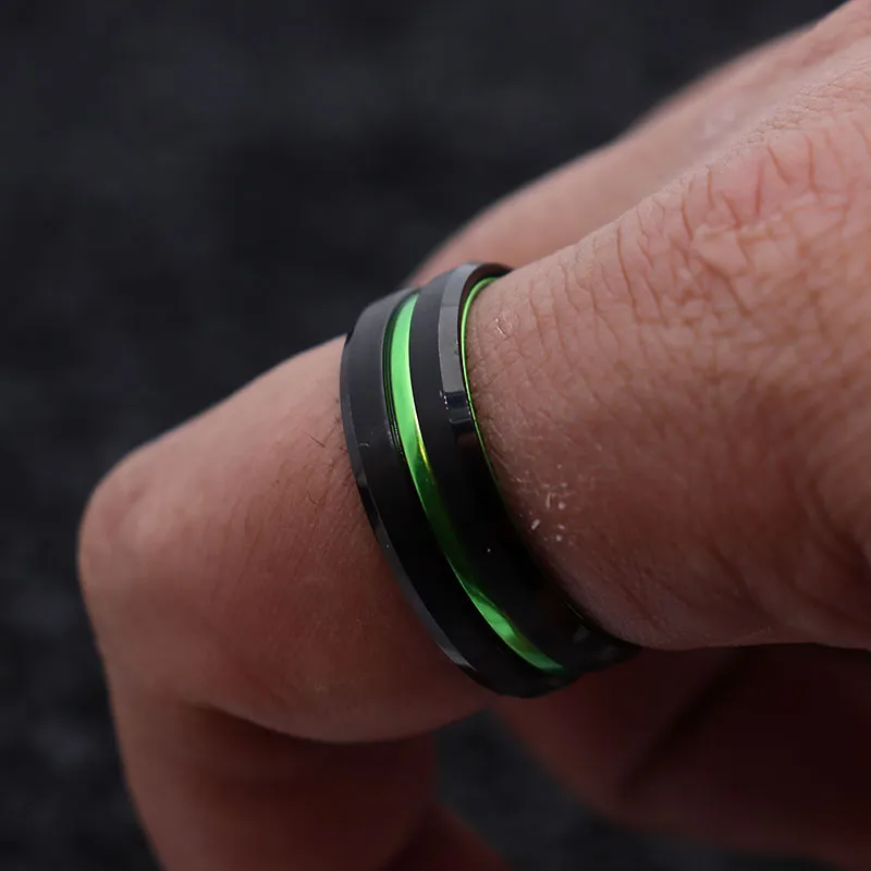 8mm Black Beveled and Green-Plated Tungsten Carbide Wedding Band