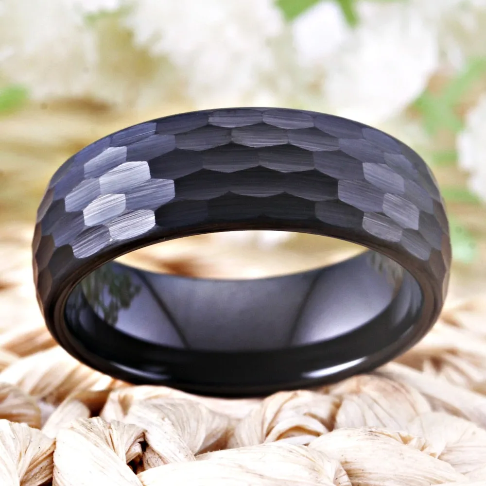 8mm Hammered and Domed Multi-Faceted Black-Plated Tungsten Wedding Band