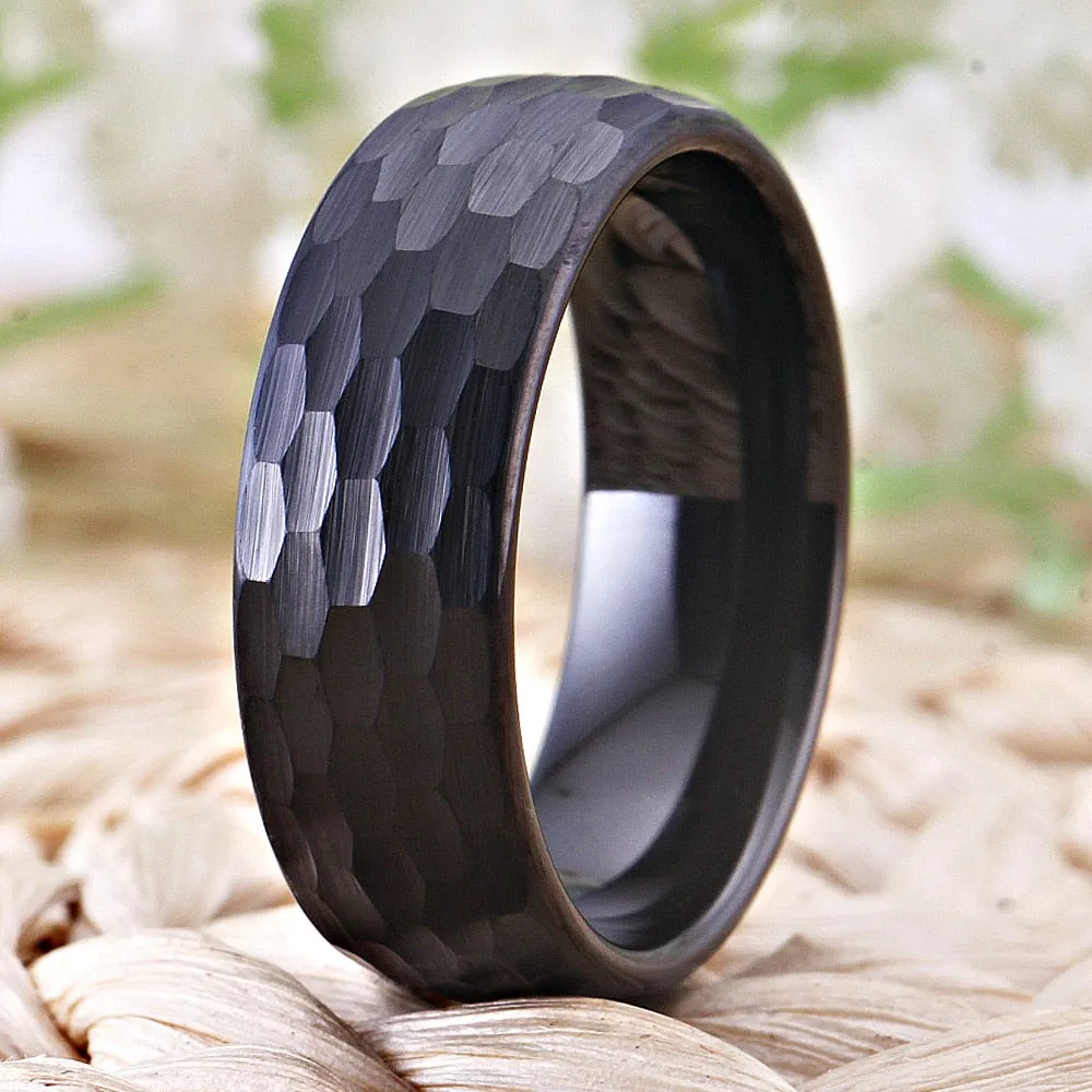 8mm Hammered and Domed Multi-Faceted Black-Plated Tungsten Wedding Band