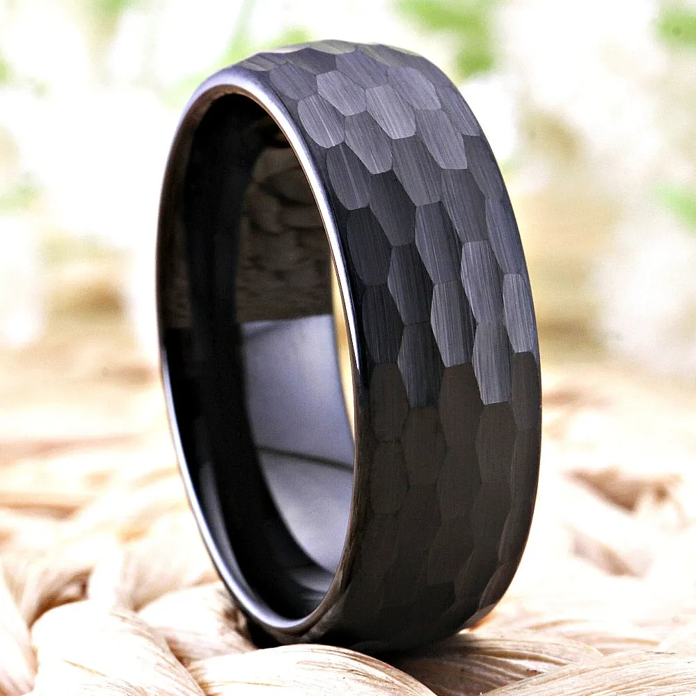 8mm Hammered and Domed Multi-Faceted Black-Plated Tungsten Wedding Band