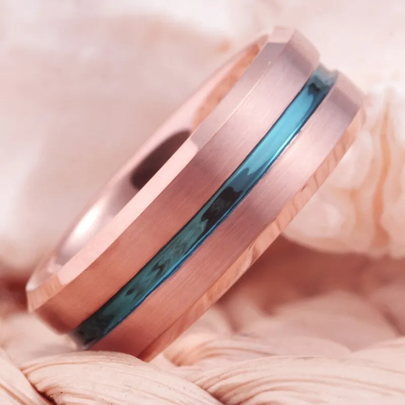 8mm Rose Gold Bevel with Blue Groove Tungsten Carbide Fashion Wedding Ring