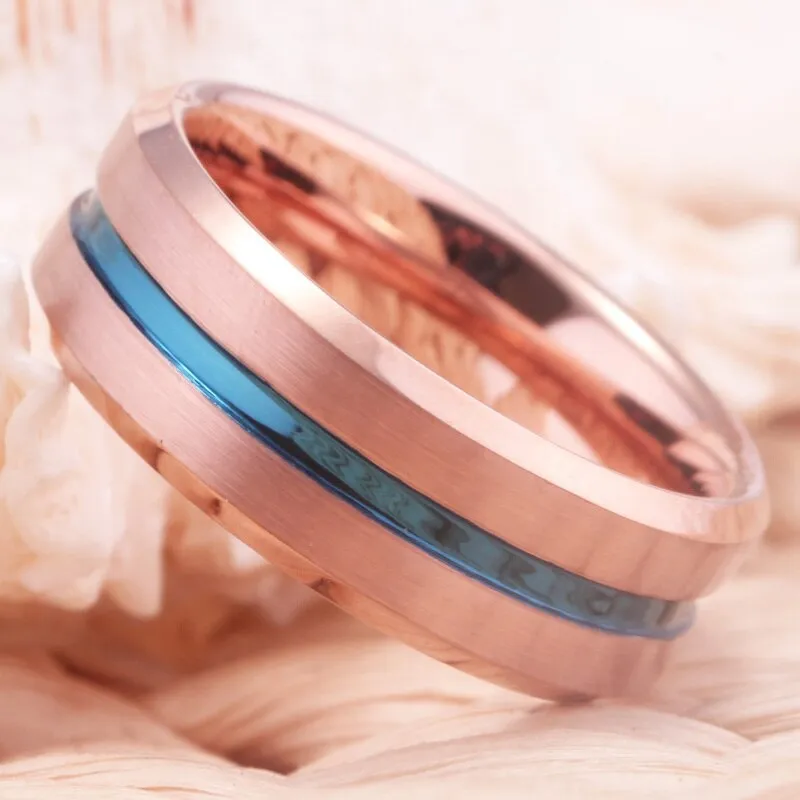 8mm Rose Gold Bevel with Blue Groove Tungsten Carbide Fashion Wedding Ring