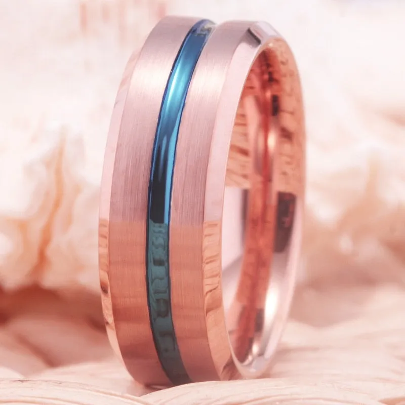 8mm Rose Gold Bevel with Blue Groove Tungsten Carbide Fashion Wedding Ring