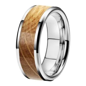 8mm Whiskey Barrel Oak Wood Inlay Flat Band and Beveled Edges Tungsten Wedding Band