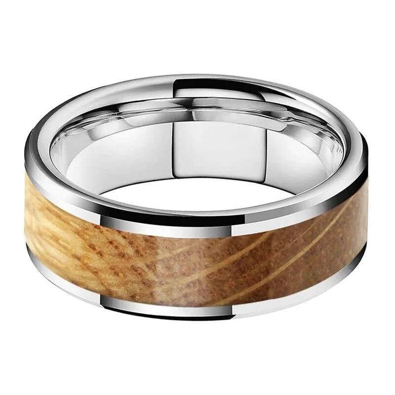 8mm Whiskey Barrel Oak Wood Inlay Flat Band and Beveled Edges Tungsten Wedding Band