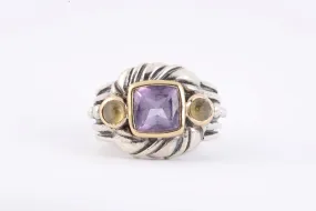 925 Silver 14k Yellow Gold Amethyst & Yellow Stone Ring Size 4.75 (10.00g.)