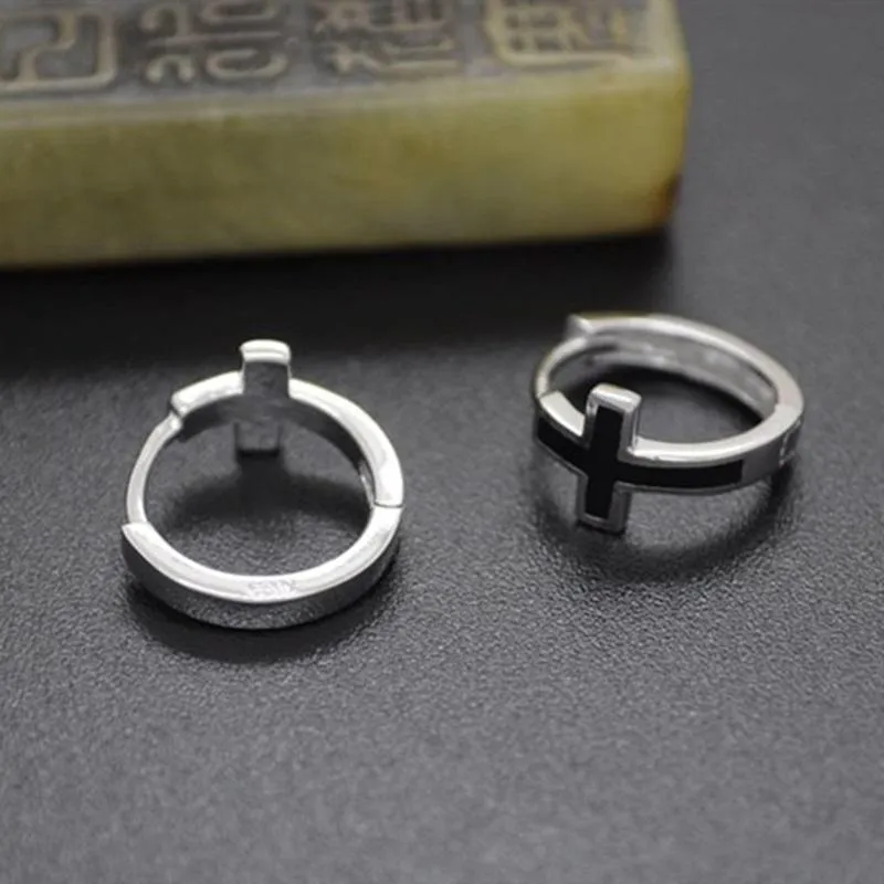 925 Sterling Silver Black Cross Hoop Earrings