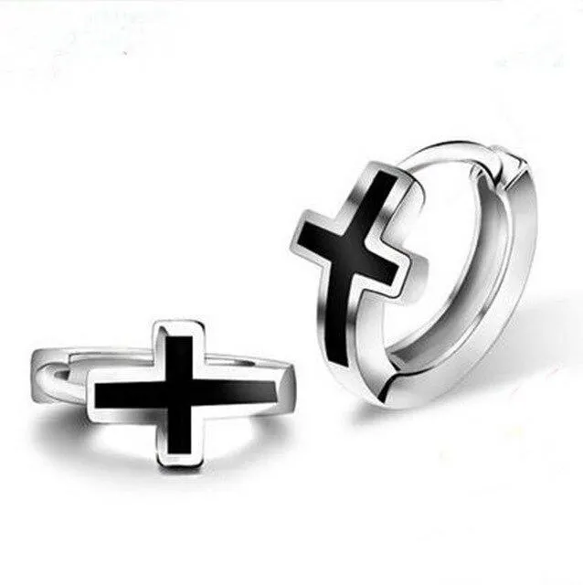 925 Sterling Silver Black Cross Hoop Earrings