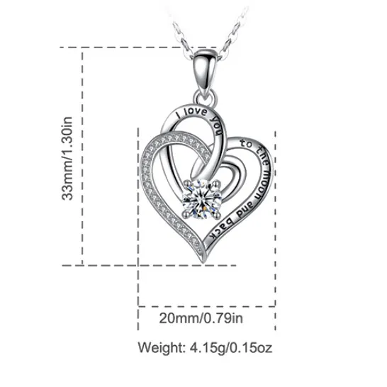 925 Sterling Silver Jewelry "I Love You To The Moon and Back" Love Heart Pendant Necklace