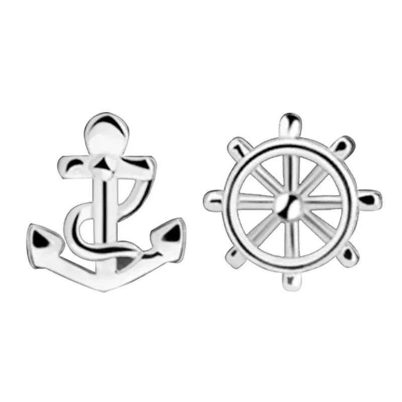 925 Sterling Silver Women Anchor Rudder Helm Stud Earrings Set, Silver