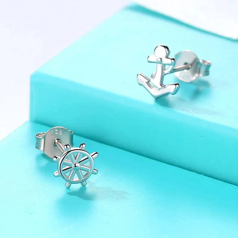 925 Sterling Silver Women Anchor Rudder Helm Stud Earrings Set, Silver