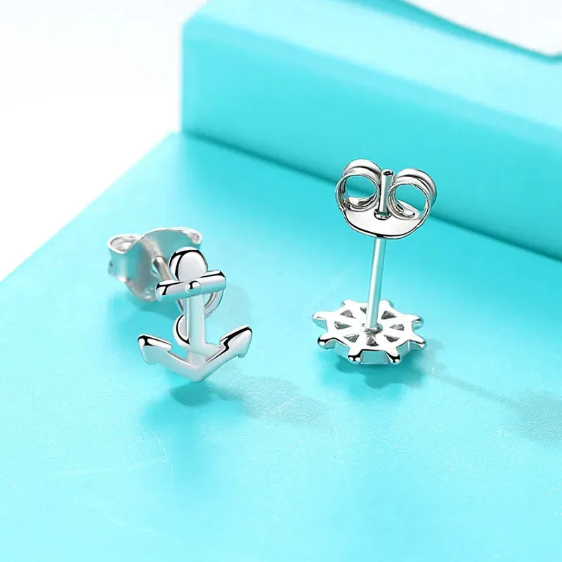 925 Sterling Silver Women Anchor Rudder Helm Stud Earrings Set, Silver