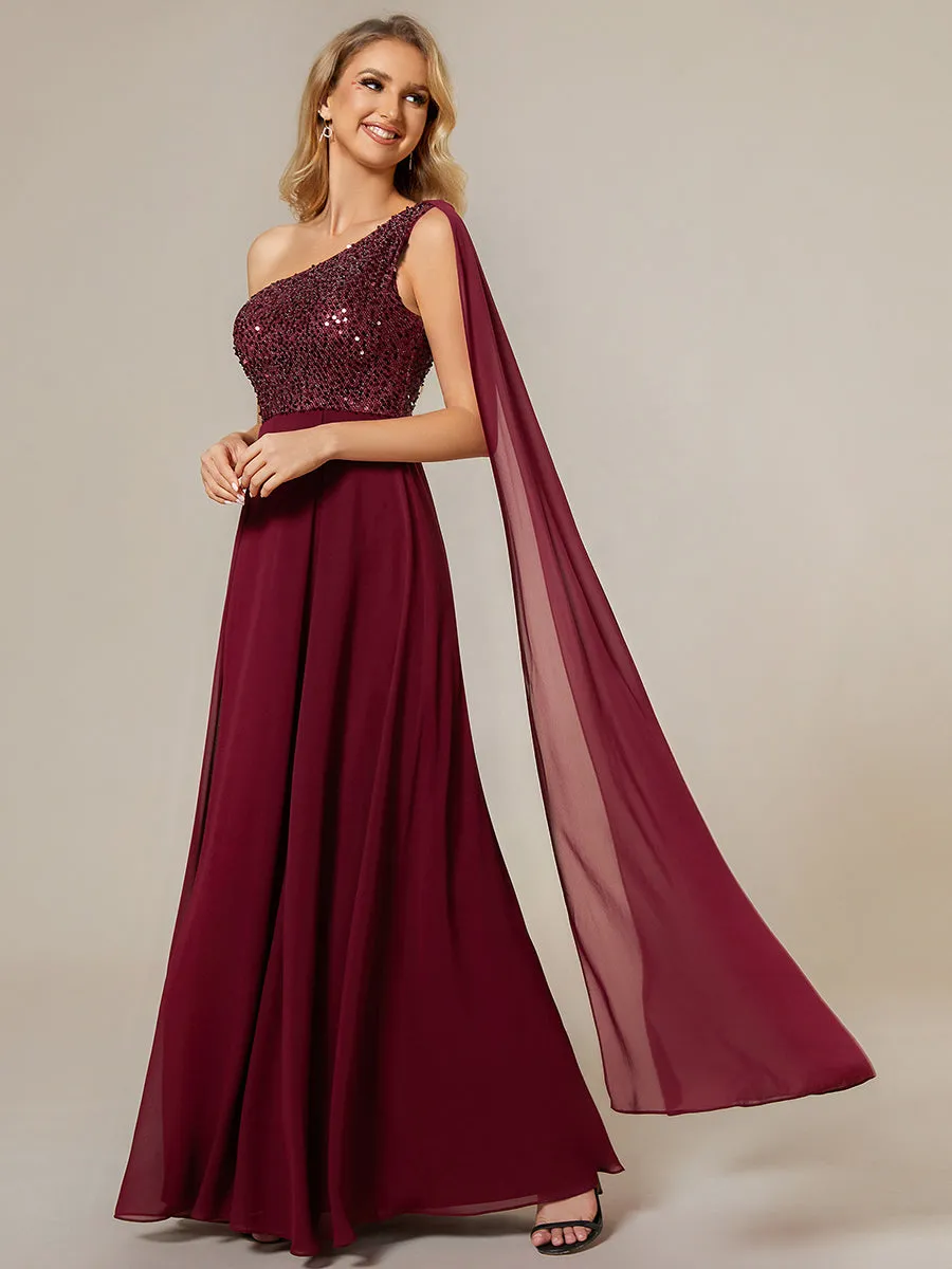 A-Line Shiny Sequin Chiffon Bodice One Shoulder Sleeveless Evening Dress