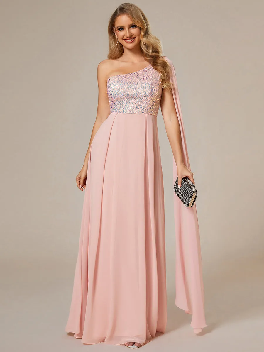 A-Line Shiny Sequin Chiffon Bodice One Shoulder Sleeveless Evening Dress