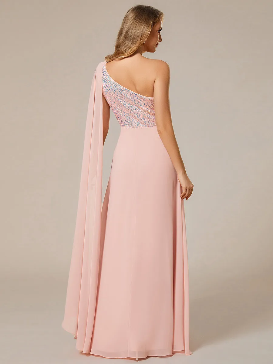 A-Line Shiny Sequin Chiffon Bodice One Shoulder Sleeveless Evening Dress