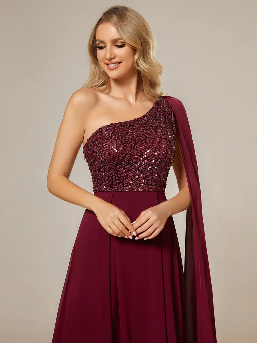 A-Line Shiny Sequin Chiffon Bodice One Shoulder Sleeveless Evening Dress