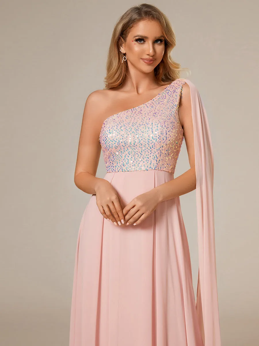 A-Line Shiny Sequin Chiffon Bodice One Shoulder Sleeveless Evening Dress