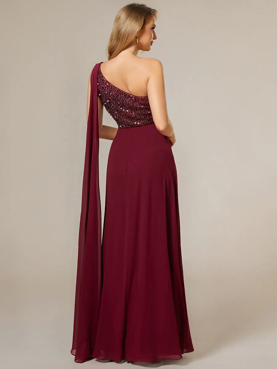 A-Line Shiny Sequin Chiffon Bodice One Shoulder Sleeveless Evening Dress