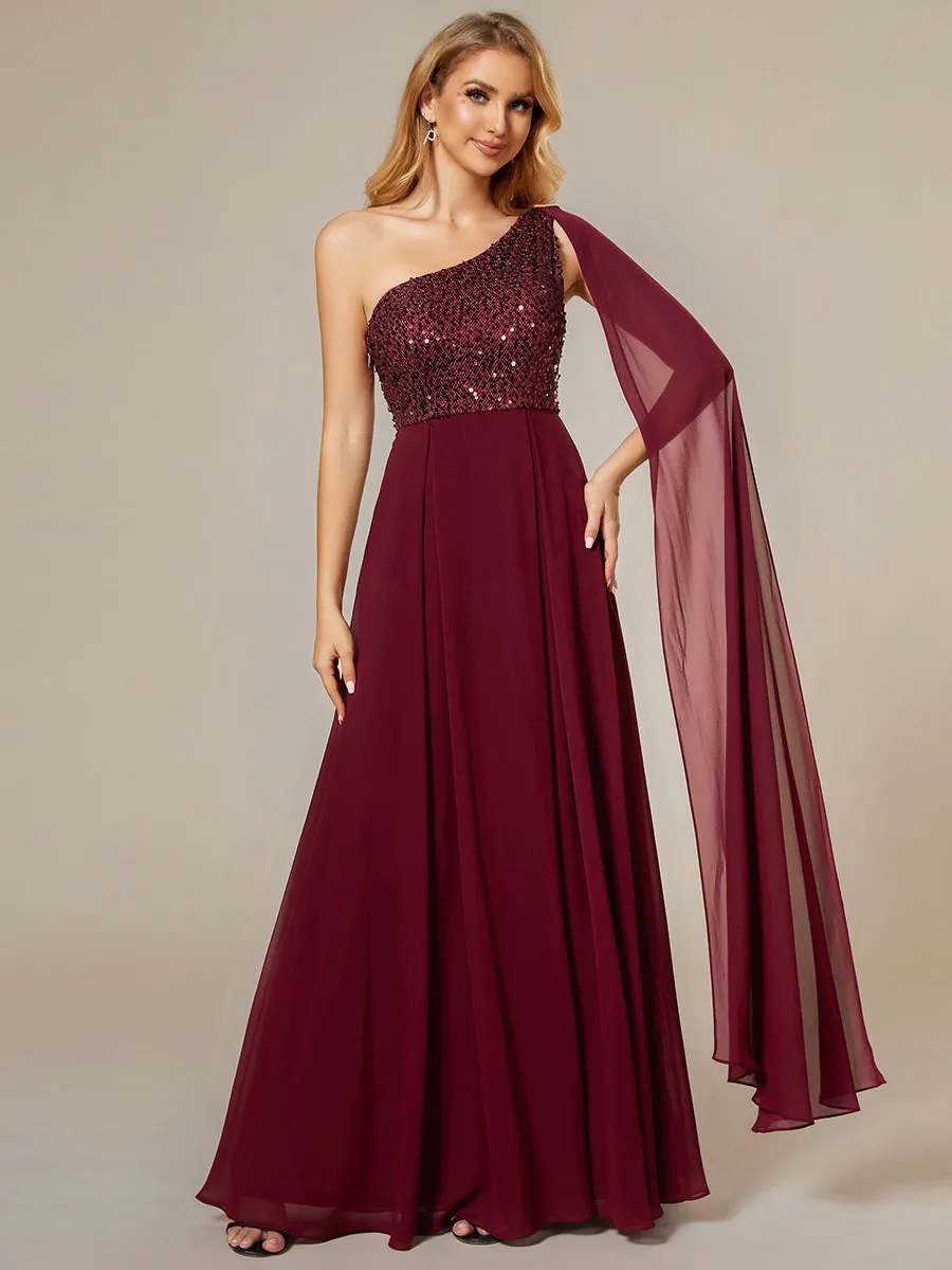 A-Line Shiny Sequin Chiffon Bodice One Shoulder Sleeveless Evening Dress