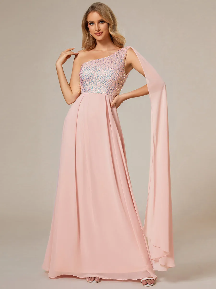 A-Line Shiny Sequin Chiffon Bodice One Shoulder Sleeveless Evening Dress