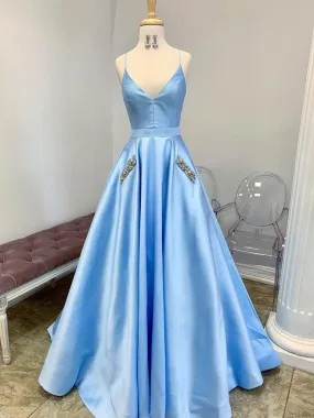 A Line V Neck Light Blue Satin Long Prom Dresses with Pocket, V Neck Light Blue Formal Evening Dresses