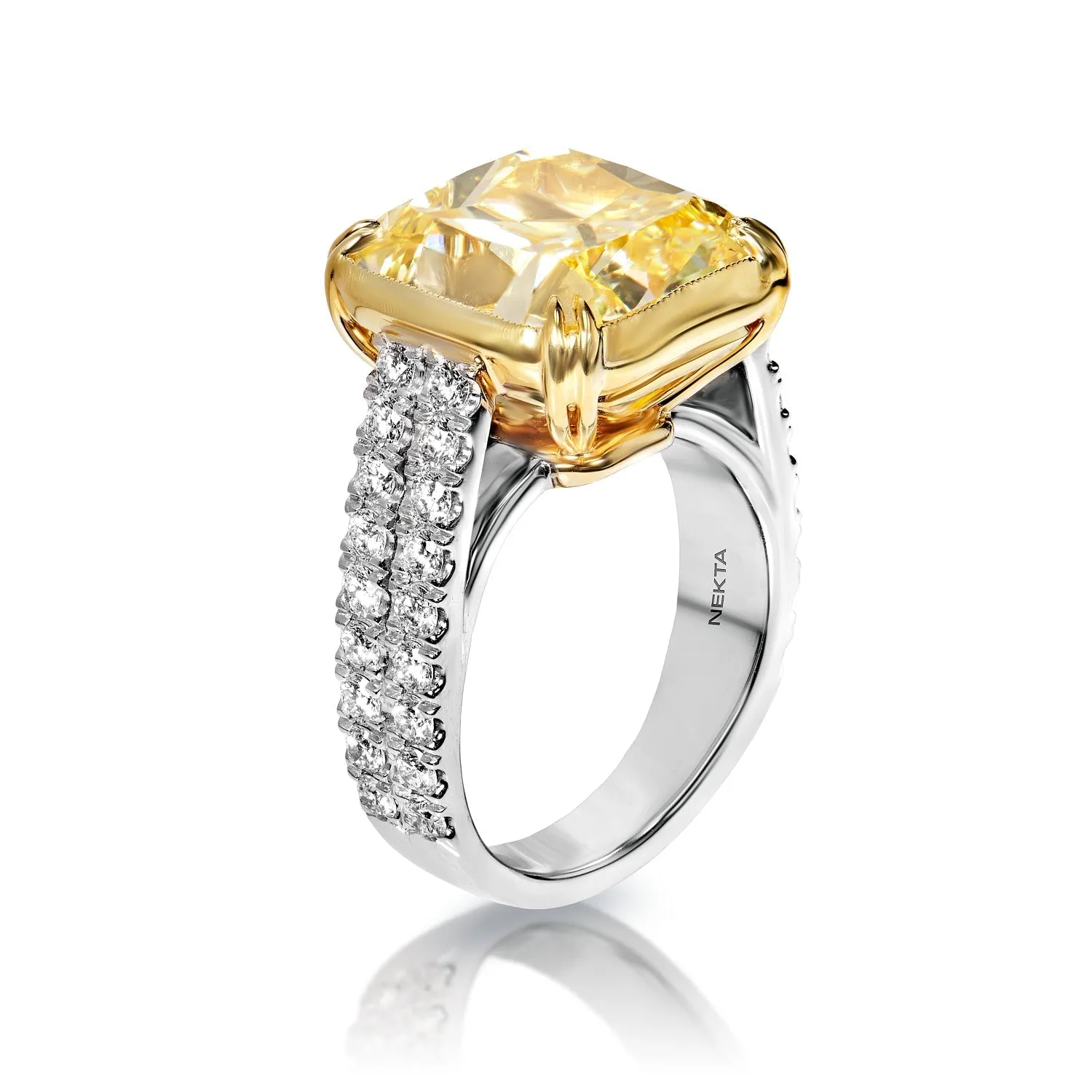 Adeline 13 Carat Fancy Yellow VS2 Radiant Cut Diamond Engagement Ring in Platinum GIA Certified by Mike Nekta NYC