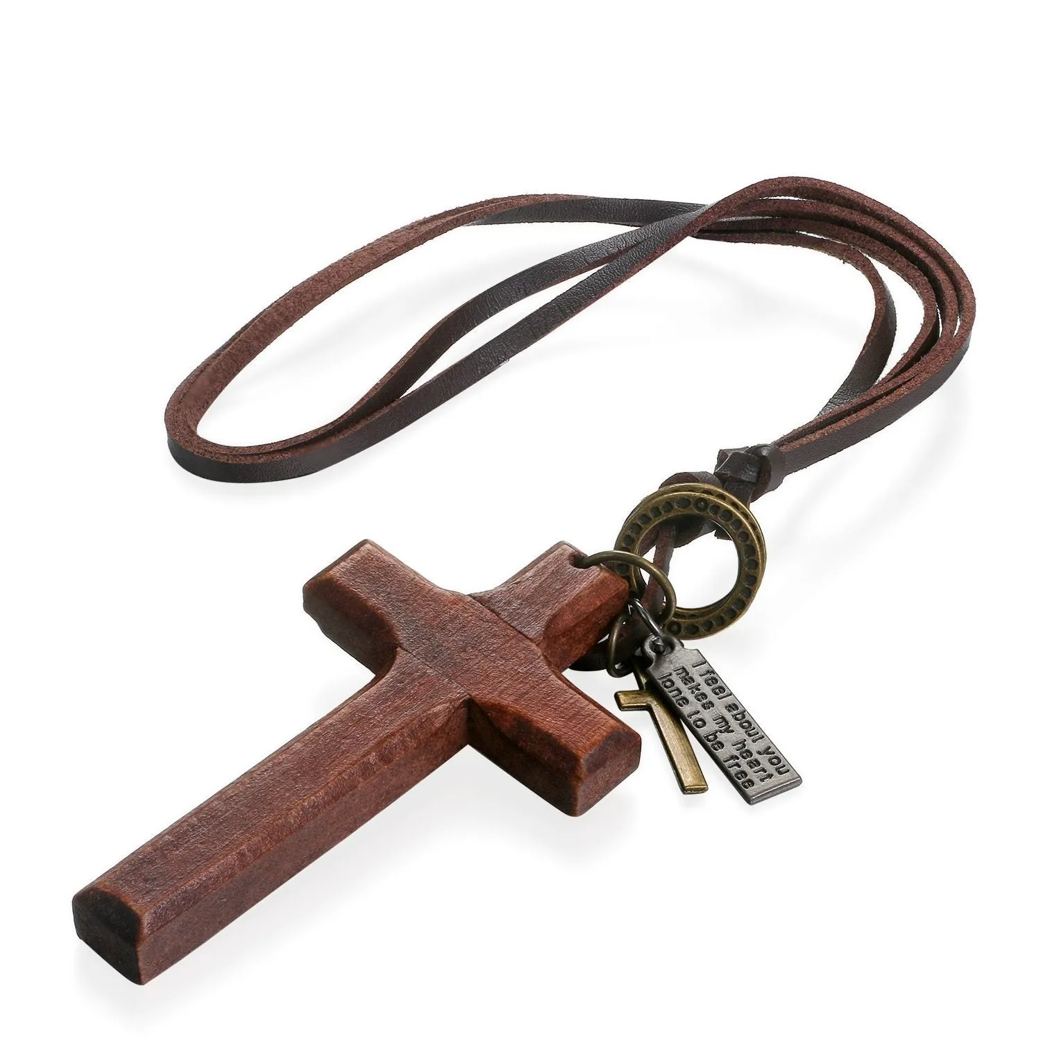 Adjustable Leather Wood Cross Necklace