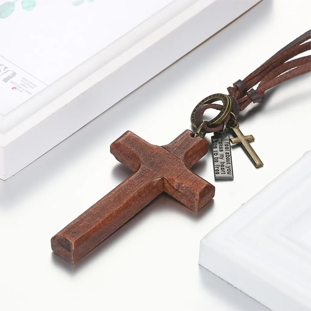 Adjustable Leather Wood Cross Necklace