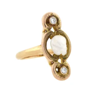 Art Nouveau 14kt Natural Pearl   Diamond Ring 0.10ctw